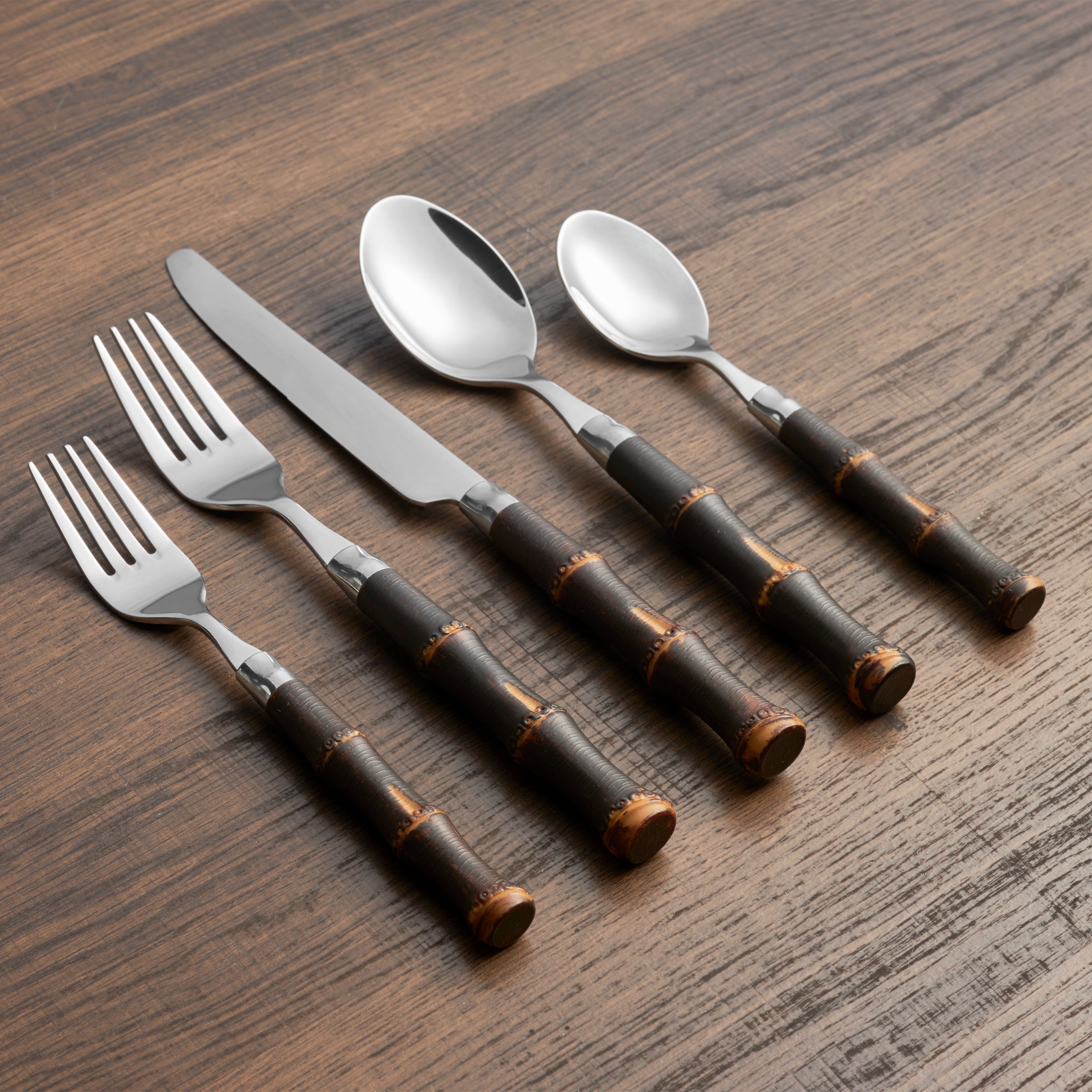 Bamboo Dark Plastic Handle 20 Piece Flatware Set - Image 3