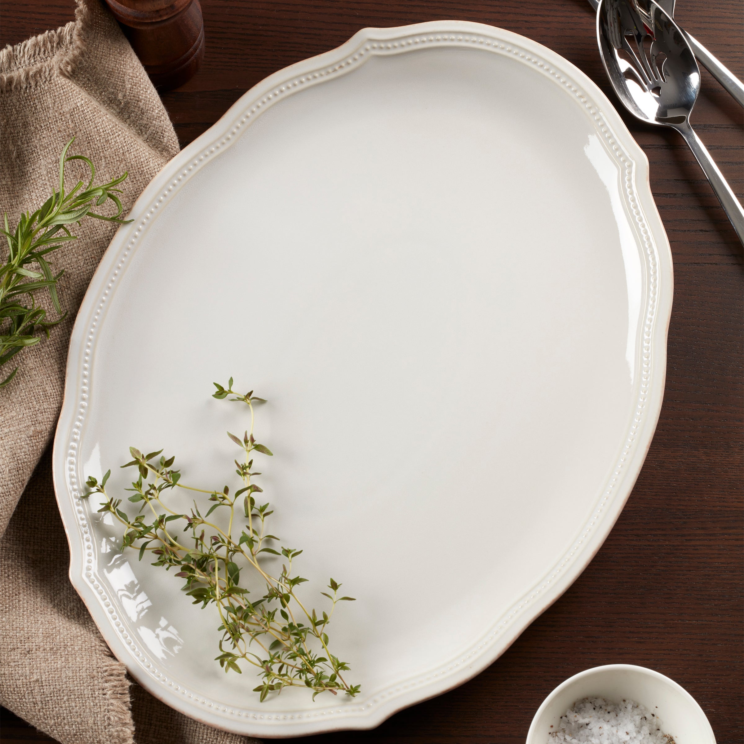 French Perle Bead White Oval Platter - Image 2
