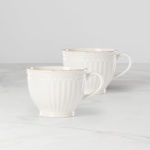 French Perle Groove White Latte Mugs - Set of 2