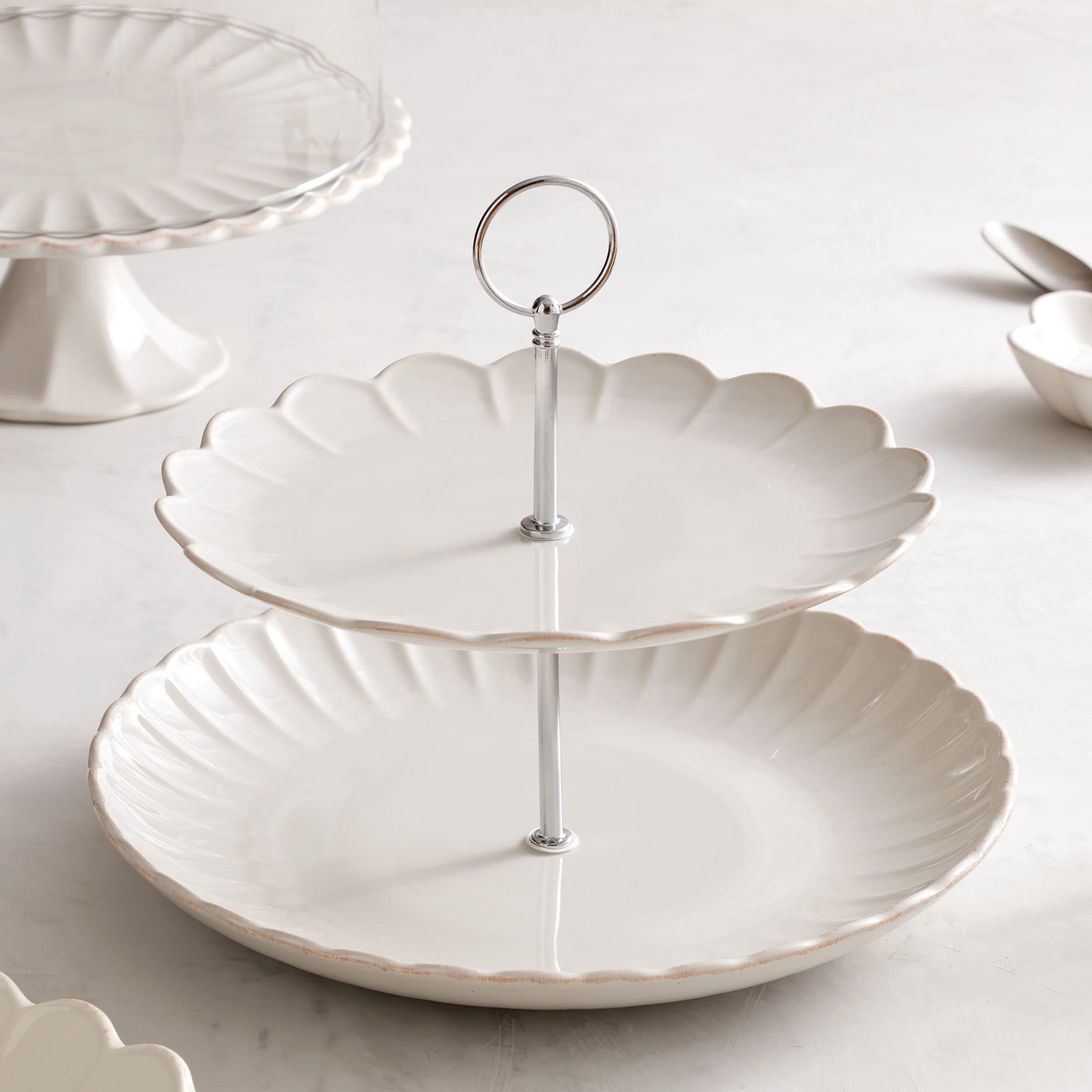 French Perle Scallop White 2-Tier Server - Image 2