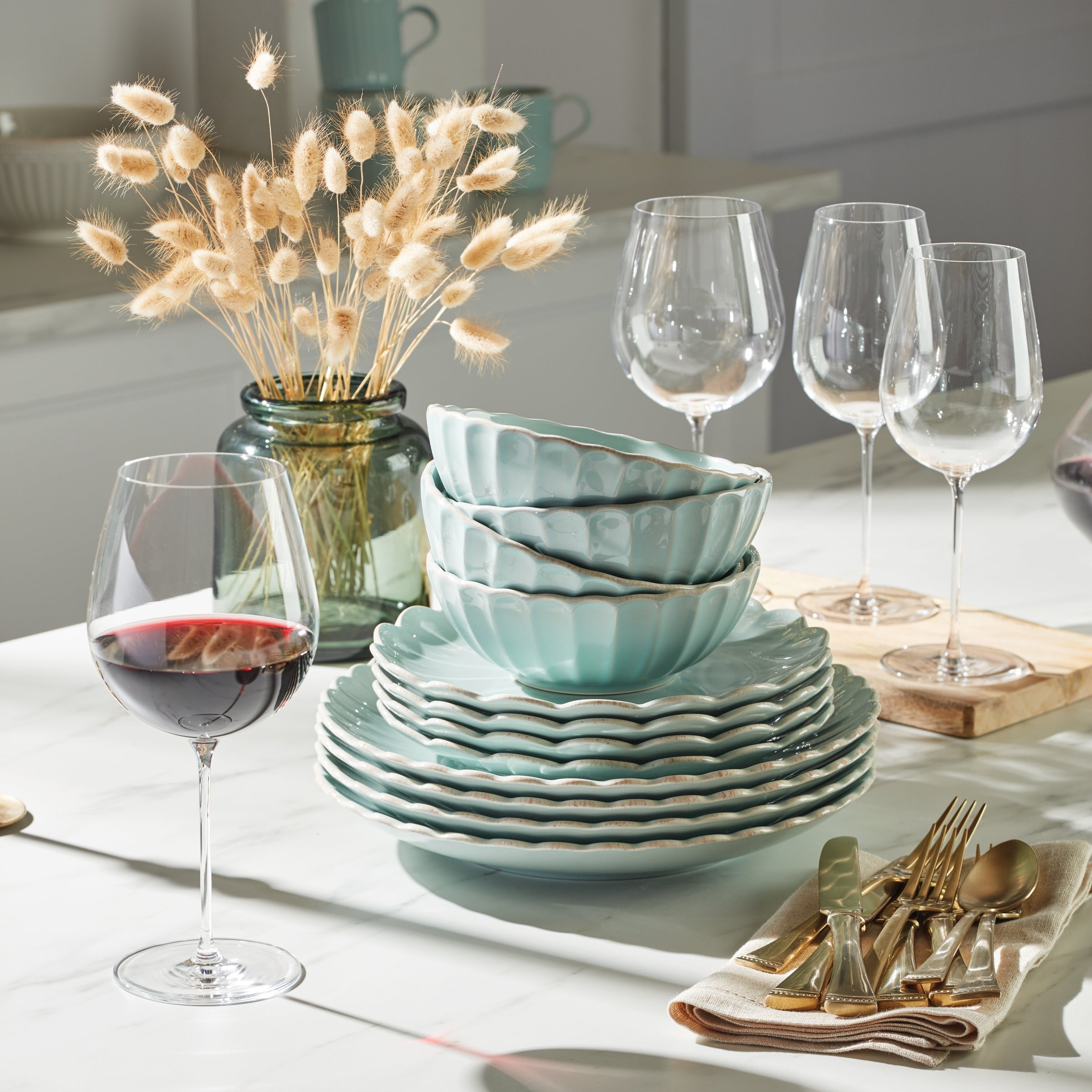 French Perle Scallop Ice Blue 12-Piece Dinnerware Set - Image 7