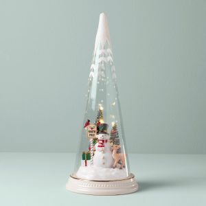 Lit Christmas Cone With North Pole Snowman Scene