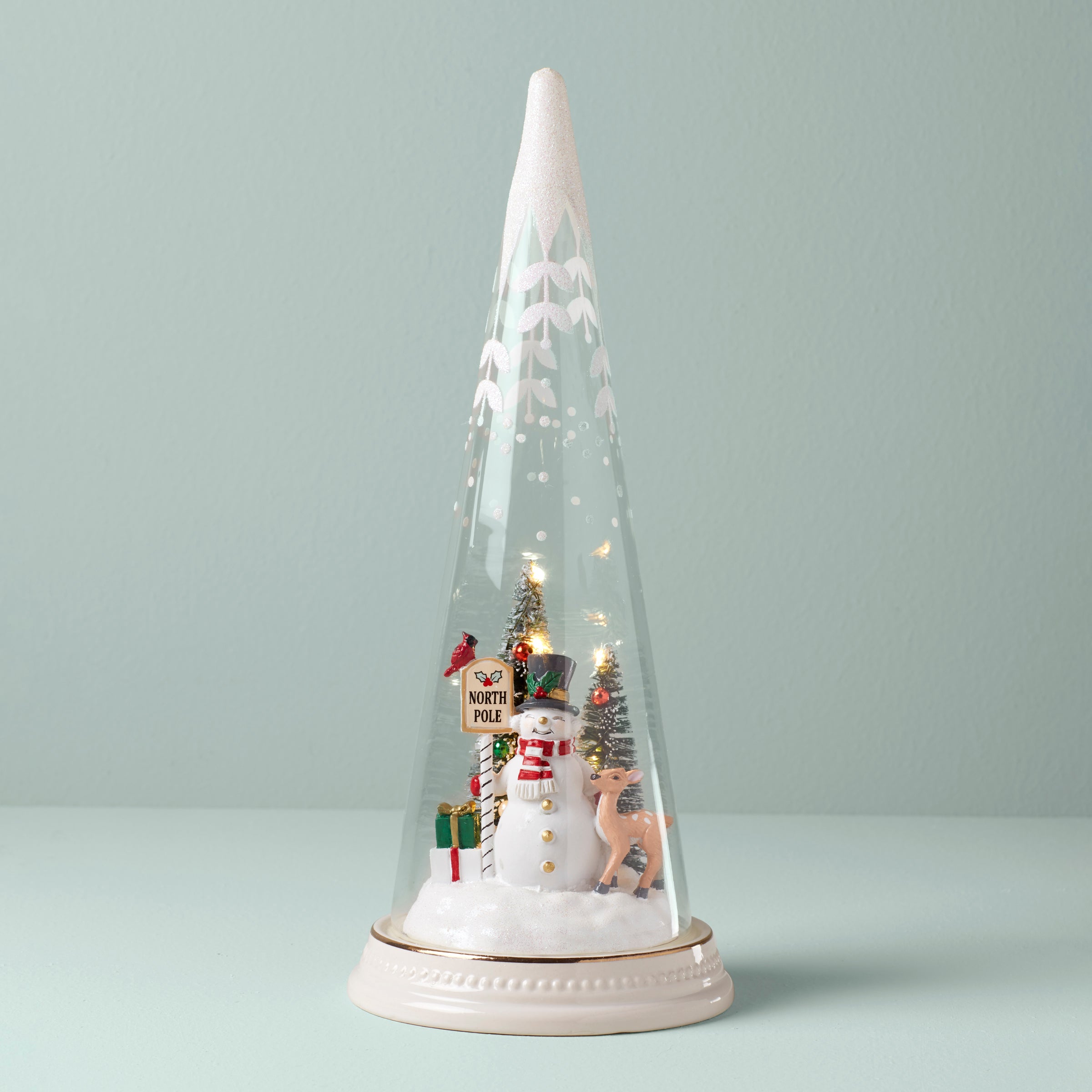 Lit Christmas Cone With North Pole Snowman Scene