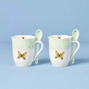 Butterfly Meadow Green Mugs With Spoons - Set of 2
