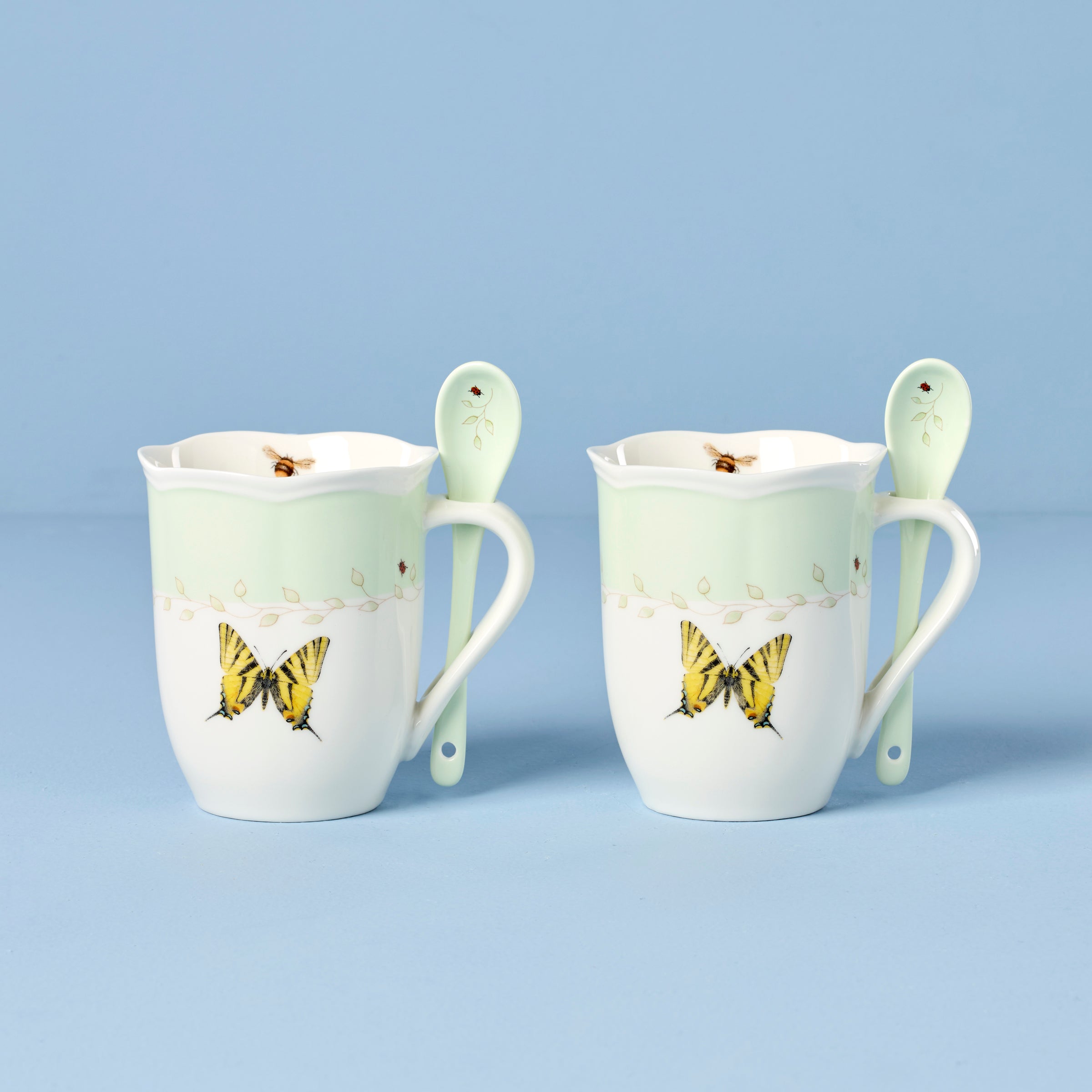 Butterfly Meadow Green Mugs With Spoons - Set of 2