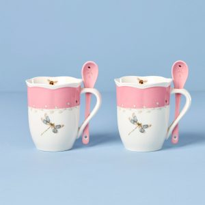 Butterfly Meadow Pink Mugs With Spoons - Set of 2