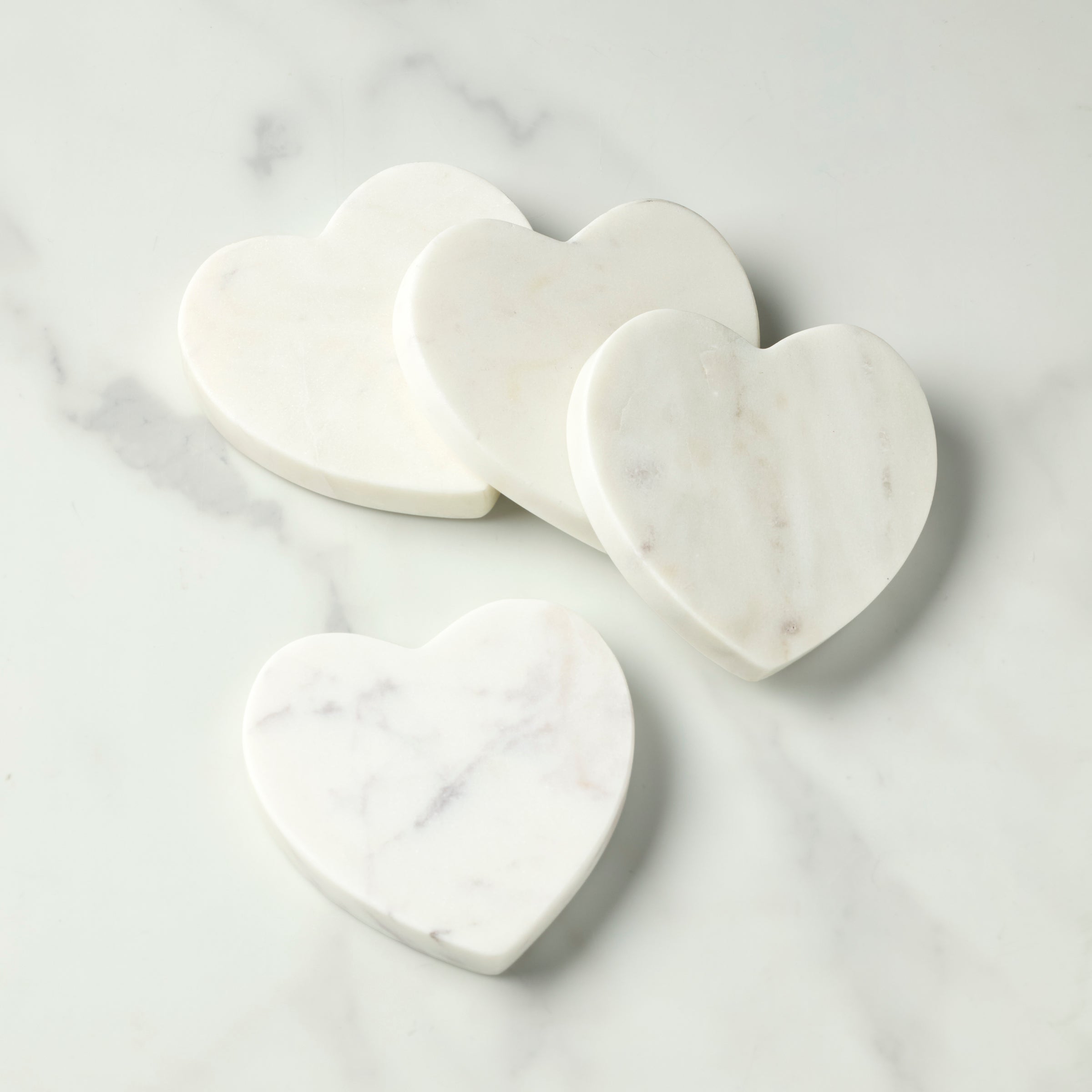 White Marble Heart Coasters - Set Of 4